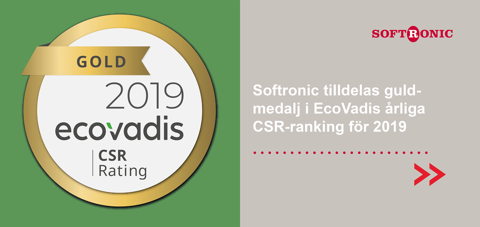 Softronic is awarded a gold medal in EcoVadis’ annual CRS ranking for 2019